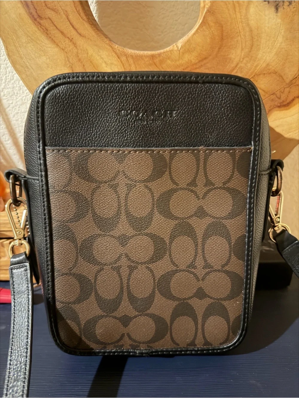 Coach Men’s Signature Canvas Messenger Bag in Brown and Black